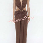 Athena Metal-Link Cutout Design Back Lace-up Drape Maxi Dress