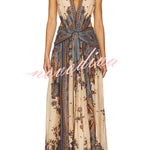 Chapel Linen Blend Floral Print Cutout Tie-up Waist Pocket Halter Backless Maxi Dress