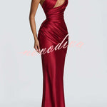 Emina Satin One Shoulder Asymmetrical Neck Cutout Back Lace-up Drape Maxi Dress