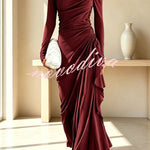 Elegant High Neck Long Sleeve Pleated Draped Fitted Maxi Dress