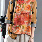 Loose Orange Embroidered Floral Linen Top Half Sleeve