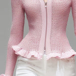 Pink Stand-up Collar Zipper Ruffled Mesh Knit Cardigan