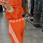 Fashionable Sporty Stripes Long Sleeve Zipper Drawstring Jacket and Elastic Waist Pocket Pants Set