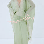 Evita Georgette Lace Trim Kaftan-style Sleeve Ruched Hip Maxi Dress