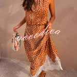 Stunning Fawn Print Contrast Color Satin Lace Trim Mid Rise Maxi Skirt