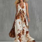 Vintage Brown Cow Print White Chiffon Sleeveless Maxi Dress