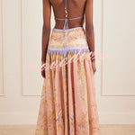 Chapel Linen Blend Floral Print Cutout Tie-up Waist Pocket Halter Backless Maxi Dress