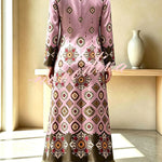 Cecilia Satin Colorful Baroque Style Printed Long Sleeve Feather Trim Maxi Dress