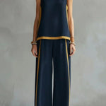 Linen Blend Color-blocked Round Neck Sleeveless Loose Top and Elastic Waist Casual Pocket Wide-leg Pants Set