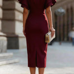 Solid Color Round Neck Ruffle Sleeve Elegant Slim-fit Midi Dress