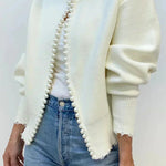 Elegant Chic Knit Pearls Trim Long Sleeve Relaxed Cardigan