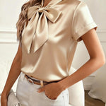 Solid Color Satin Collared Short-sleeved Tie Bow Casual Shirt