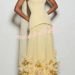 Serafina Strapless Back Lace-up Handcrafted Floral Appliqués Pleated Hem Gown Maxi Dress