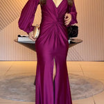 Raise A Toast Satin Long Balloon Sleeve Twist Waist Slit Maxi Dress