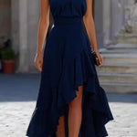 Solid Color Halter Neck Fitted Waist Irregular Ruffle Maxi Dress