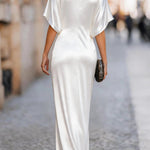 Solid Color Round Neck Short-sleeved Elegant Draped Maxi Dress