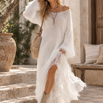 Soft And Cozy Long-haired White Knit Lace Hem Maxi Dress