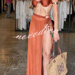 Colored Stones Detail Straps Elastic Bikini and Tulle Lace-up Waist Cover-up Maxi Skirt Three-piece Set