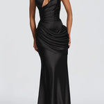 Emina Satin One Shoulder Asymmetrical Neck Cutout Back Lace-up Drape Maxi Dress