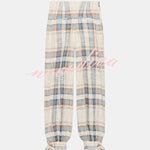 Adrenia Plaid Print Mid Rise Elastic Waist Pocket Tie-up Hem Balloon Pants