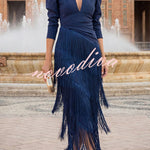 Elegant Night V-Neck Long Sleeve Layered Tassel Hem Maxi Dress
