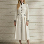 A-Line Elasticated Waist Belted Buttoned Contrast Color Line Split-Joint Stand Collar Maxi Dresses