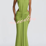 Thekla Stretch Slinky Jersey High Neck Ruched Backless Drape Maxi Dress