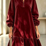 Suede Zipper Neck Long Balloon Sleeve Ruffle Hem Mini Dress