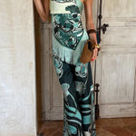 Aurie Satin Unique Artistic Print Tassel Trim Scarf Top and Elastic Waist Pocket Loose Pants Set
