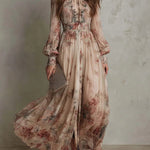 Vintage Floral Chiffon High-Neck Maxi Dress