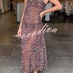 Leopard Print Hardware Detail Straps Elastic Bikini and Lace-up Cover-up Maxi Dress Three-piece Set