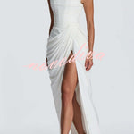 Cyra Back Lace-up Asymmetrical Pleats Strapless Slit Maxi Dress