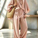 Retro Style Polka Dot Print Batwing Sleeve Top and Elastic Waist Loose Jogger Pants Set