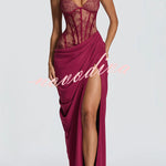 Bonita Floral Lace Contrast Structural Detail Asymmetrical Pleats Halter Slit Maxi Dress
