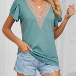 Zeagoo Zeagoo Women's Contrast Lace Trim V Neck Blouses Petal Short Sleeve Tunic Loose Casual Soft Shirts
