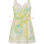 Stelle Linen Blend Floral Print Crochet Zig Zag Trim Back Lace-up Mini Dress