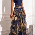 Prairie Satin High Neck Metallic Butterfly Detail Floral Tulle Hem Maxi Dress