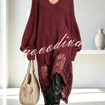 Knit V-neck Long Sleeve Asymmetrical Cut-out Detail Hem Loose Sweater Midi Dress