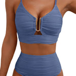 Solid Color V-neck Hollowed-out Pleated High Waist Stretch Two-Piece Bikini Swimsuit