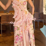 Dream Ode Lily Pad Style Pleats and Ruffles Halter Gown Maxi Dress