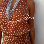 Stunning Fawn Print Contrast Color Satin Lace Trim Neck Strap Loose Tank