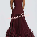 Serafina Strapless Back Lace-up Handcrafted Floral Appliqués Pleated Hem Gown Maxi Dress
