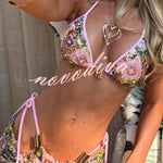 Stylish Sequined Metal Decoration Halter Neck Tie Stretch Bikini Swimsuit and Beach Cover-up Mini Skirt Three-piece Set