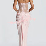 Bonita Floral Lace Contrast Structural Detail Asymmetrical Pleats Halter Slit Maxi Dress
