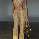 Gold Coast Knit Sequin Fabric Short Sleeve Crop Top and Adjustable Beaded Waist Loose Pants Set
