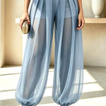 Semi-sheer Mesh Solid Color Mid Rise Patchwork Loose Lantern Pants