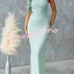 Fashionable Mesh Sleeveless One-shoulder Waist-revealing Maxi Dress
