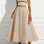 Stardust Plaid and Sequin Bow Patchwork Detail Strapless A-line Midi Dress