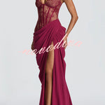 Bonita Floral Lace Contrast Structural Detail Asymmetrical Pleats Halter Slit Maxi Dress