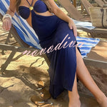 Metal Shell Straps Elastic Bikini and Slit Cover-up Dress Three-piece Set